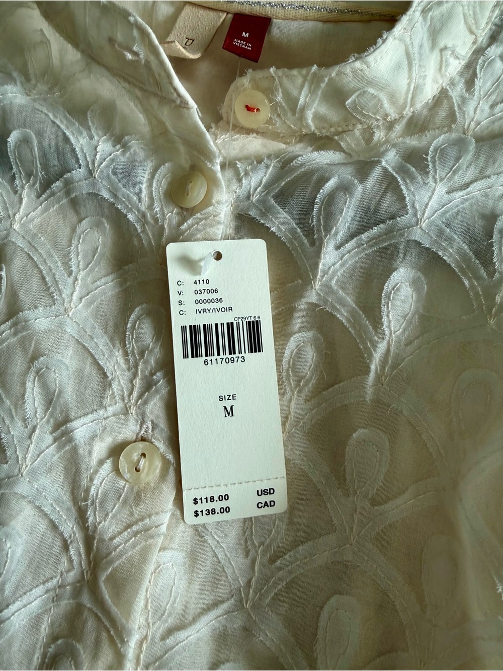 NWT Anthropologie Pilcro Textured Scalloped Button Down Blouse Shirt Ivory M - Picture 7 of 9